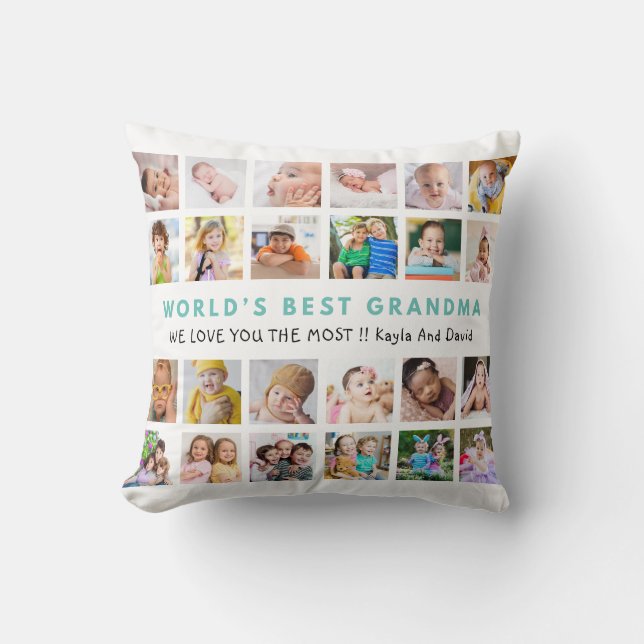 World’s Best Grandma Grandkids 24 Photo Teal Cushion (Front)