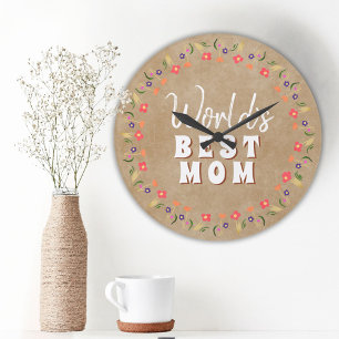 World`s Best Mum Flowers Floral Rustic Beige Large Clock