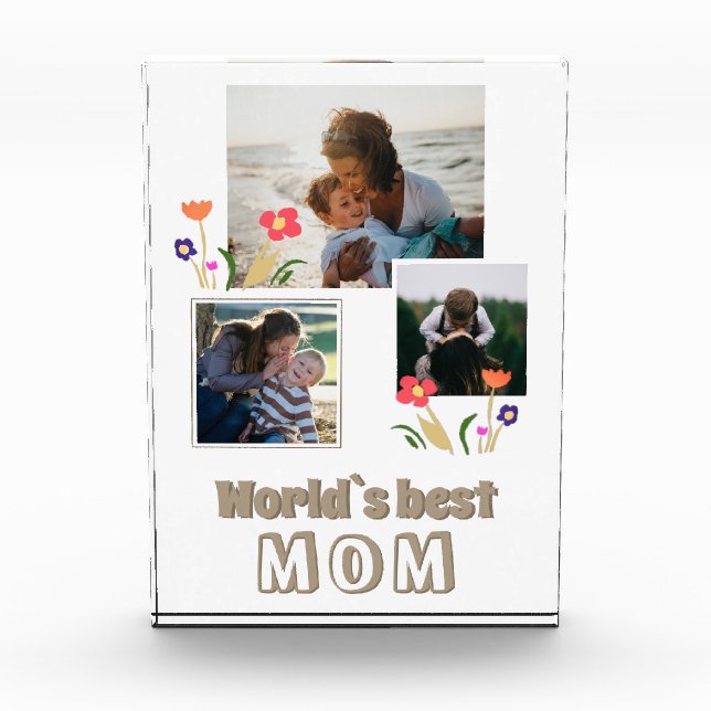 World`s Best Mum Flowers Mother`s Day 3 Photo Block (Front)