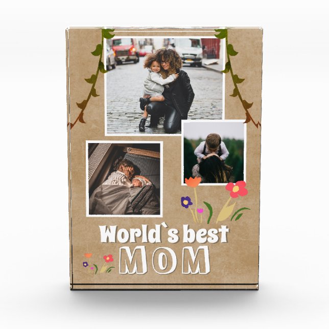 World`s Best Mum Flowers Old Paper Photo Block (Front)