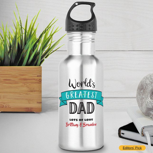 World’s Greatest Dad, Cool Bold Modern Teal Banner 532 Ml Water Bottle (Creator Uploaded)