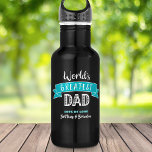 World’s Greatest Dad Modern Cool Teal Banner Black 532 Ml Water Bottle<br><div class="desc">“World’s Greatest Dad.” Let Dad know what you really think of him. Time for him to quench his thirst after a workout with this cool water bottle sporting modern white typography and a teal turquoise blue banner on a navy blue background. Customise with his child’s(children’s) name(s) for the perfect, personalised...</div>