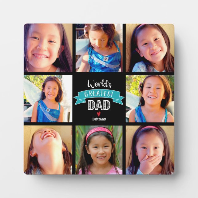 World’s Greatest Dad Teal Banner 8 Photo Collage Plaque (Front)