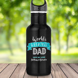 World’s Greatest Dad Teal Banner Bold Type Modern 532 Ml Water Bottle<br><div class="desc">“World’s Greatest Dad.” Let Dad know what you really think of him. Time for him to quench his thirst after a workout with this cool water bottle sporting modern white typography and a teal turquoise blue banner on a navy blue background. Customise with his child’s(children’s) name(s) for the perfect, personalised...</div>