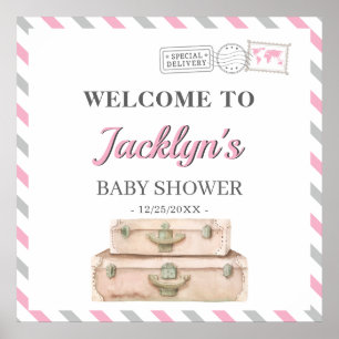 World Travel Aeroplane Baby Girl Shower Welcome Poster
