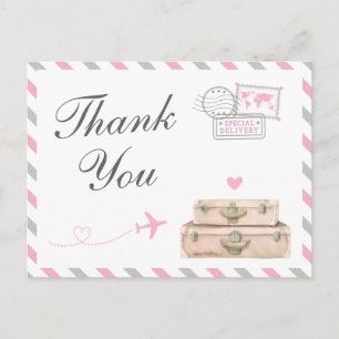 World Travel Baby Girl Shower Sprinkle Thank You Postcard