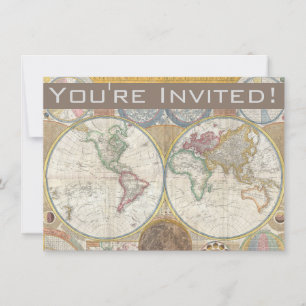 World Travel Map Antique Vintage Geography Invitation