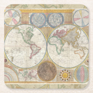 World Travel Map Antique Vintage Geography Square Paper Coaster