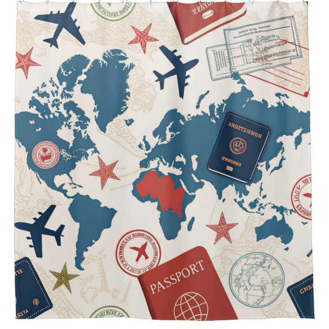 World Travel Map Pattern Shower Curtain (Front)