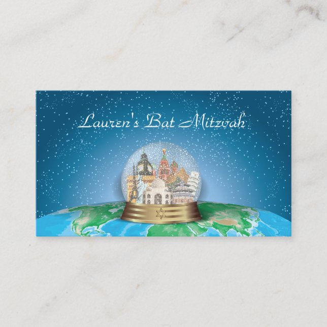 World Travel Snow Globe Bar Bat Mitzvah Placecard (Front)