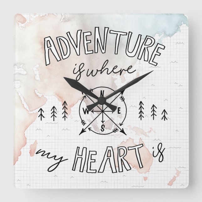 World Traveller | Adventure Is Where My Heart Is Square Wall Clock (Front)