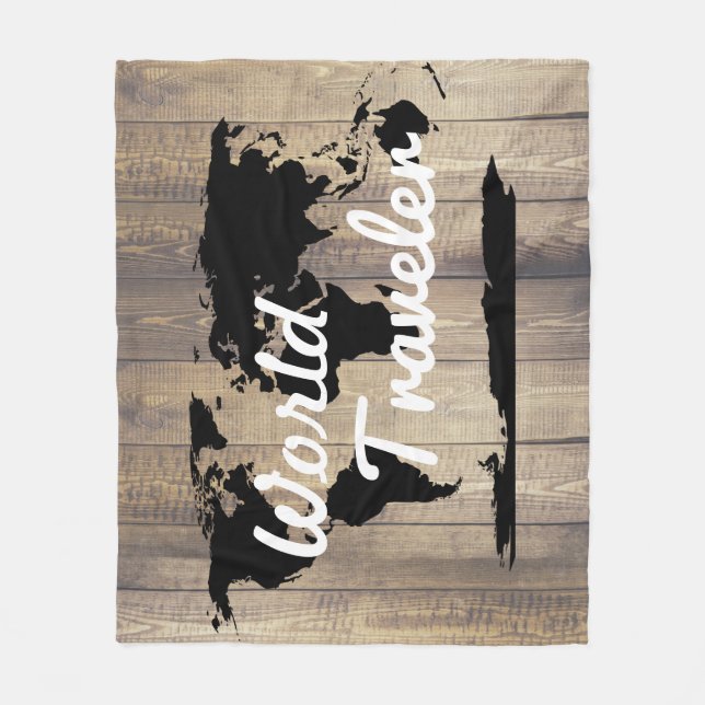 World Traveller Black World Map Light Wood Fleece Blanket (Front)