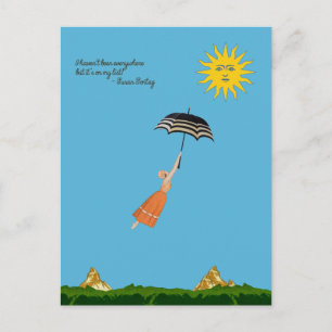 World traveller card with flying woman and umbrell