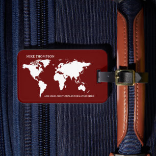 World Traveller Dark Red Map Name Luggage Tag