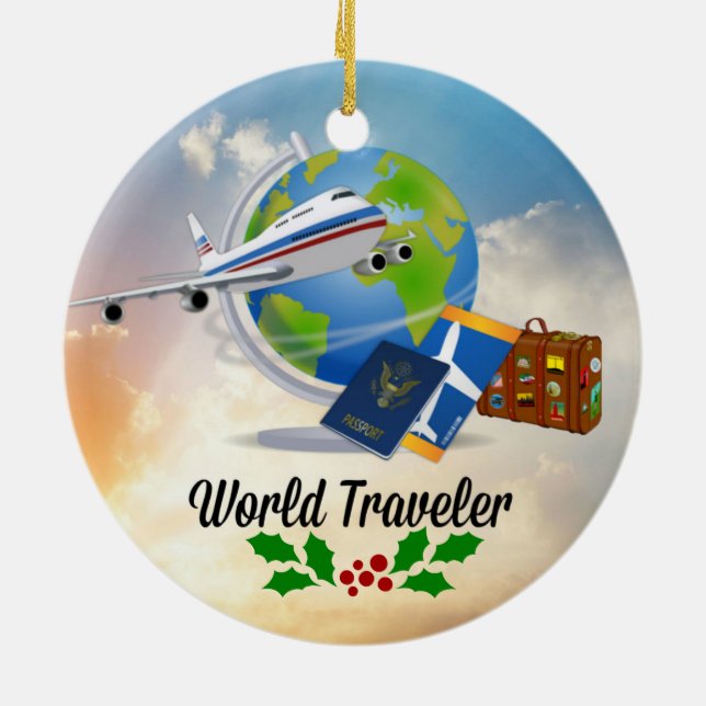 World Traveller, Design 2, with Christmas holly Ceramic Ornament (Back)