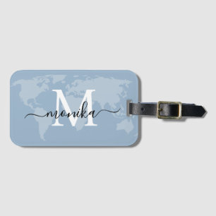 World Traveller Dusty Blue Map Custom Monogram Nam Luggage Tag