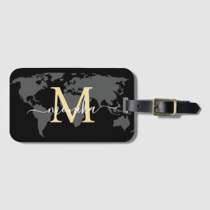 World Traveller Gold Black Map Custom Monogram Nam Luggage Tag