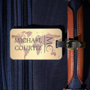 World Traveller map Brown Brush metal Monogrammed Luggage Tag