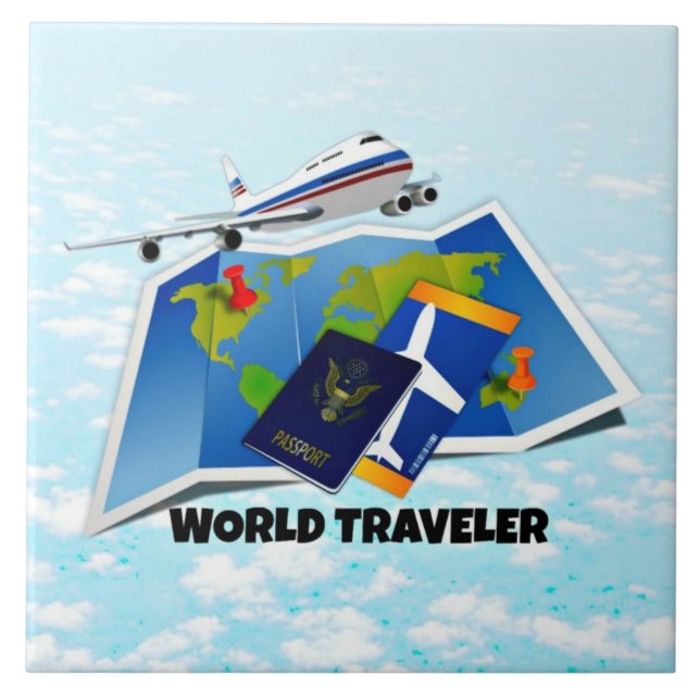 World Traveller - Map, Passport, and Tickets, Ceramic Tile (Front)