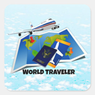World Traveller - Map, Passport, and Tickets Square Sticker