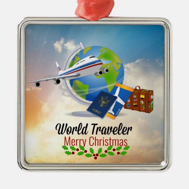 World Traveller, Merry Christmas, Metal Ornament (Front)