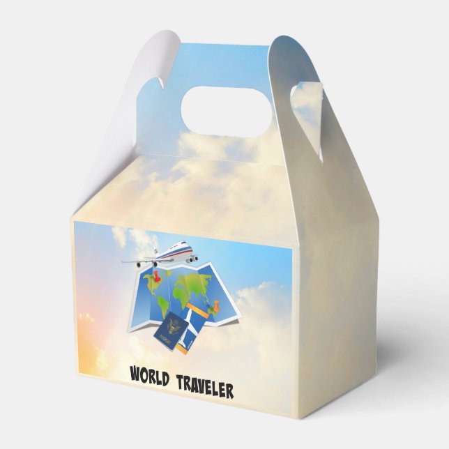 World Traveller, plane ticket and passport Favour Box (Front Side)