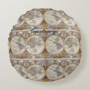 World Traveller Vintage Map Thunder_Cove Round Cushion
