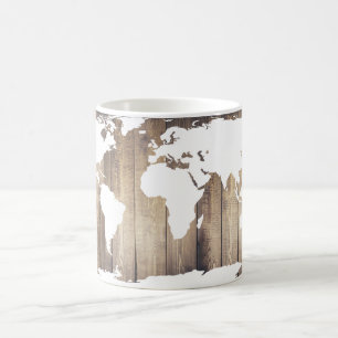 World Traveller White World Map Rustic Wood Coffee Mug