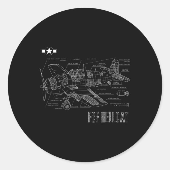 World War 2 F6f Hellcat Fighter Aeroplane Blueprin Classic Round Sticker (Front)