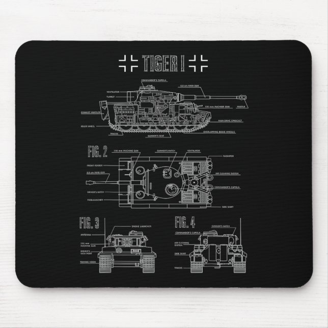 World War 2 German Tank Tiger I Engineering Bluepr Mouse Pad (Front)