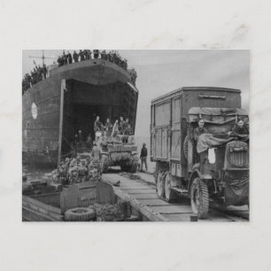 World War II Lorries and troops disembarking Postcard