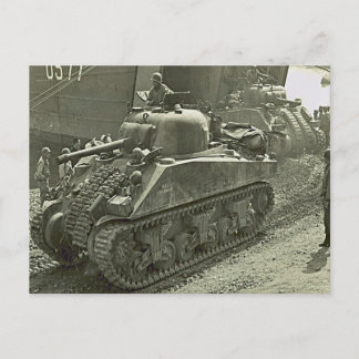 World War II Sherman tank disembarked from LST Postcard