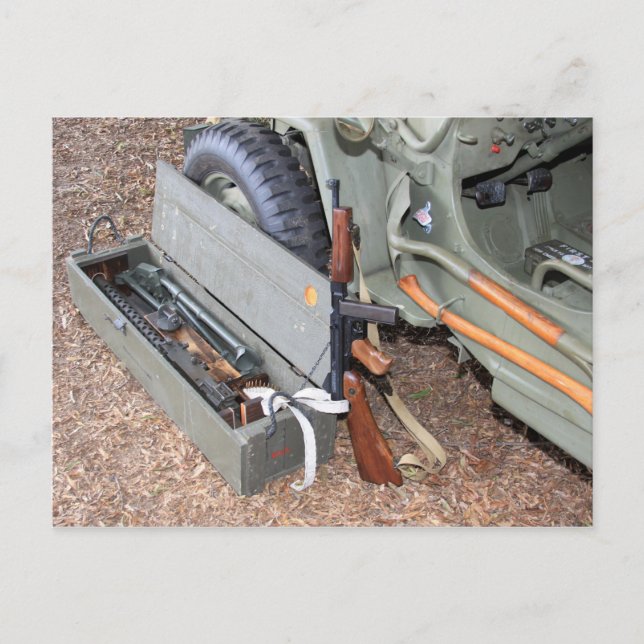 World War II Weapons & Kit By A Jeep Postcard (Front)