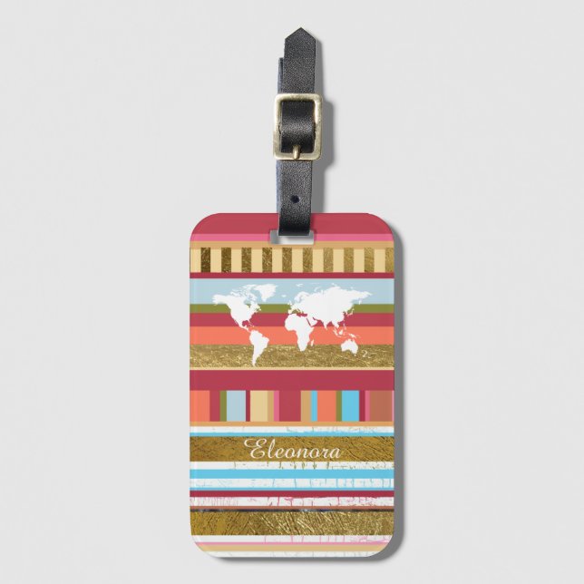 worldmap & colour stripes custom luggage tag (Front Vertical)