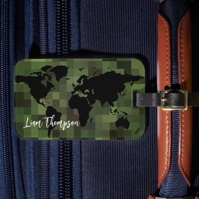 Worldmap green pixels travel luggage tag (Front Insitu 4)