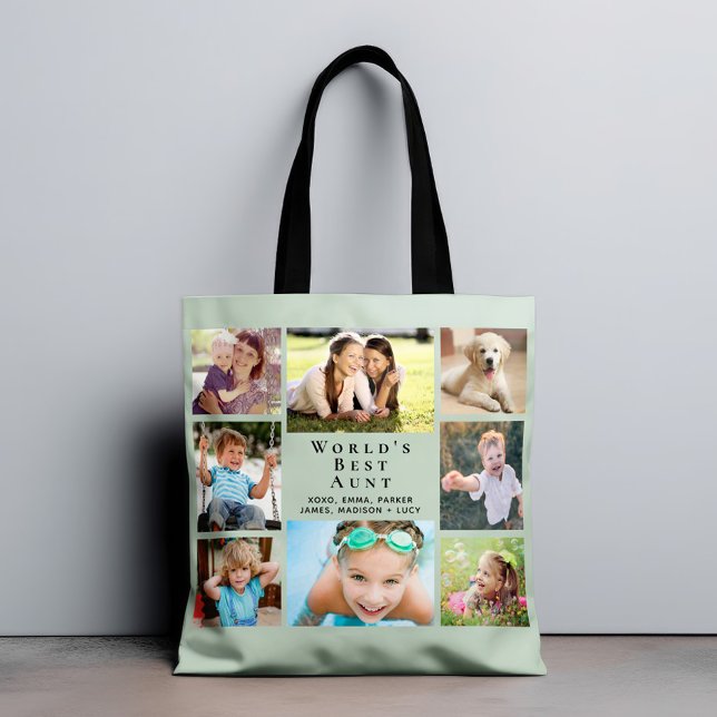 World's Best Aunt 8 Photo Collage Sage Green Tote Bag (Creator Uploaded)
