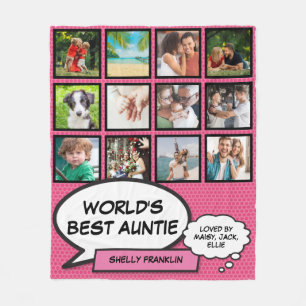 World's Best Aunt, Auntie 12 Photo Comic Pink Fun Fleece Blanket