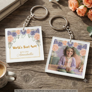 World's Best Aunt Photo Floral Gold Frame Key Ring