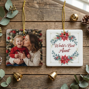 World's Best Aunt Red Poinsettia Floral Holiday Ceramic Ornament