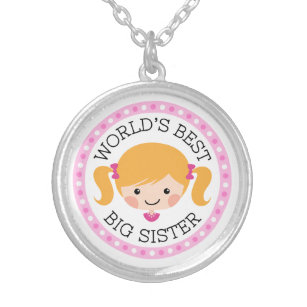 Worlds best big sister cartoon girl blonde hair silver plated necklace