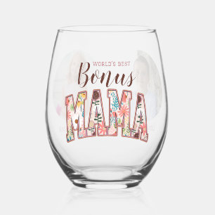World's Best Bonus Mama Two Photo Mother's Day Stemless Wine Glass