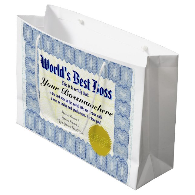 World's Best Boss Certificate Large Gift Bag (Front Angled)