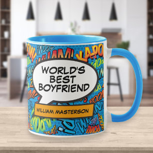 World's Best Boyfriend Name Fun Retro Comic Blue Mug