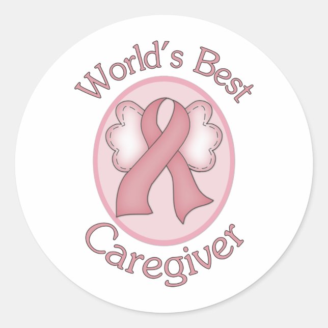 World's Best Caregiver Breast Cancer Pink Ribbon Classic Round Sticker (Front)