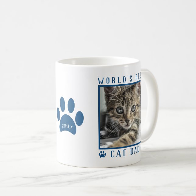 World's Best Cat Dad Blue Paw Print Name Pet Photo Coffee Mug (Front Right)