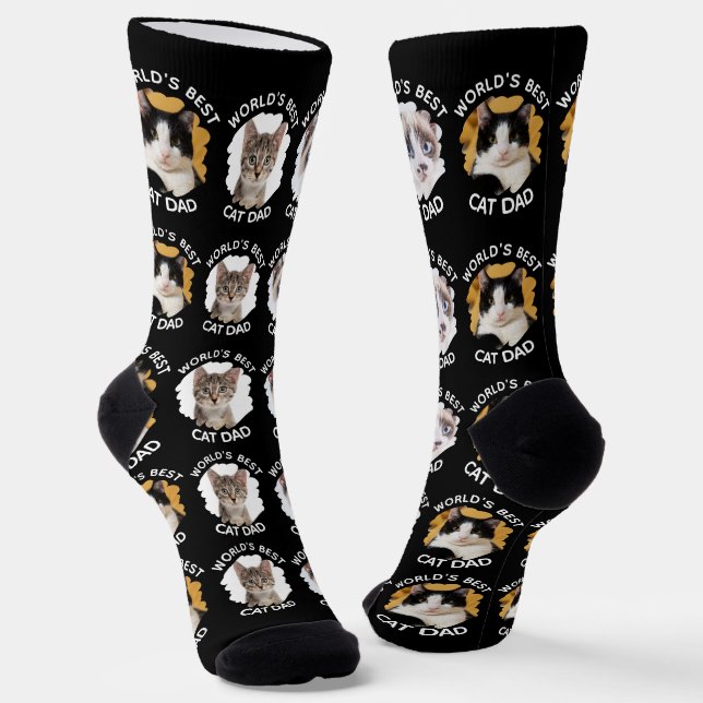 World's Best Cat Dad – Custom 3 Cat Photos Black Socks (Angled)
