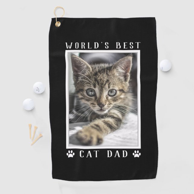 World's Best Cat Dad Paw Prints Pet Photo Black Golf Towel (Creator Uploaded)