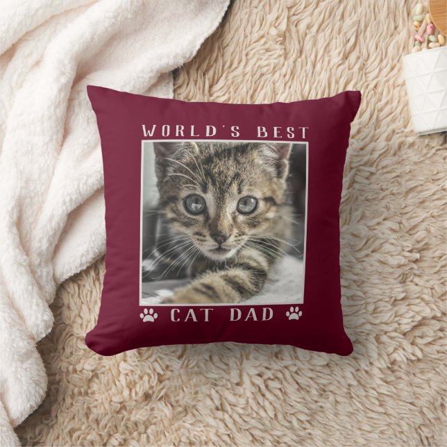 World's Best Cat Dad Paw Prints Pet Photo Burgundy Cushion (Blanket)
