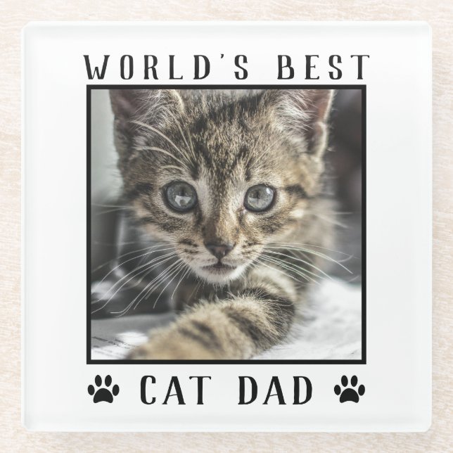World's Best Cat Dad Paw Prints Pet Photo Frame Glass Coaster (Front)