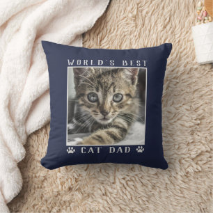 World's Best Cat Dad Paw Prints Pet Photo Navy Cushion